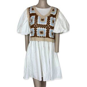 En Saison White Puff Sleeve Crochet Sweater Vest Dress Medium Cottagecore Boho M